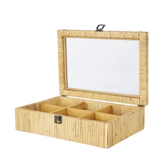 12" x 9" x 4" Brown Hand-Wrapped Rattan 6-Slot Jewelry Box with Tempered Glass Top {4}