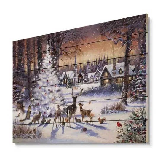 Designart Christmas Woods with Deer, Buck & Owl Print on Pine Wood {2}