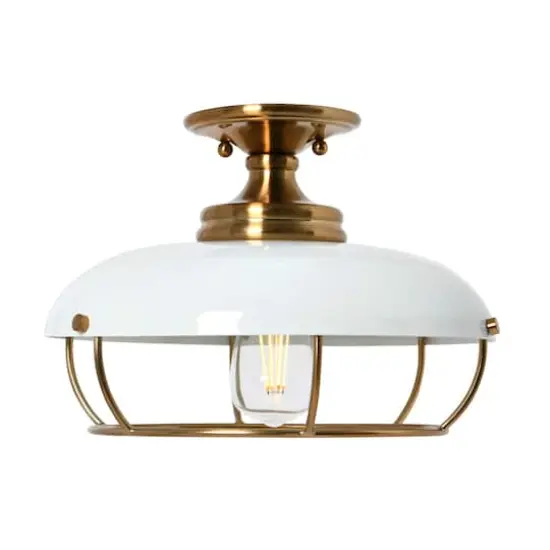 Hello Honey® 13" Wide Caged Dome Metal Semi-Flush Mount Ceiling Light Brushed Brass and White {1}