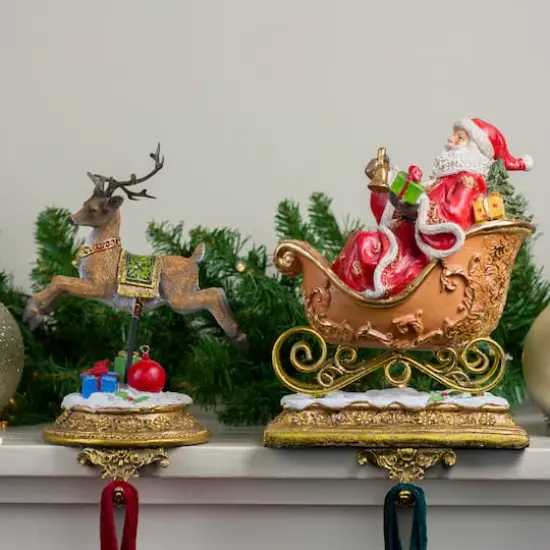 9.5" Gold Santa & Reindeer Glittered Christmas Stocking Holder Set {3}