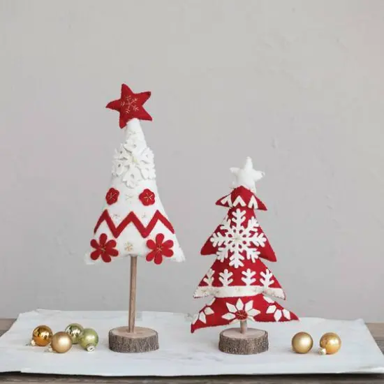 Hello Honey&reg; 17" Red & White Handmade Wool Felt Christmas Tree with Applique, Embroidery & Wood Slice Base {3}