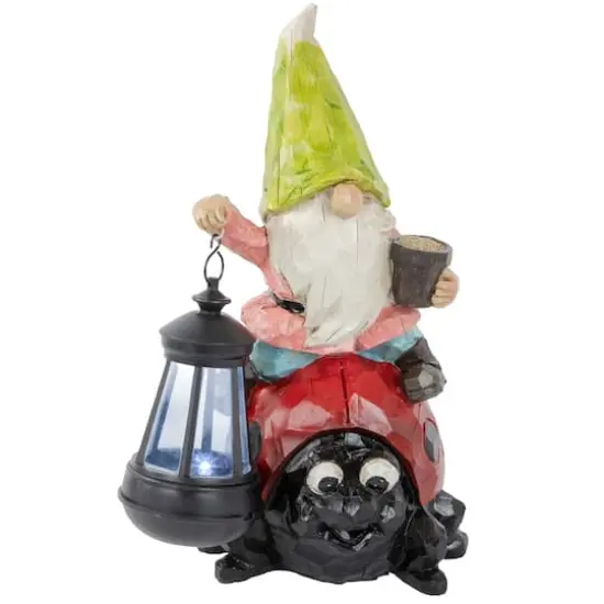 12.25" Solar LED-Lit Gnome & Ladybug Outdoor Garden Statue {1}