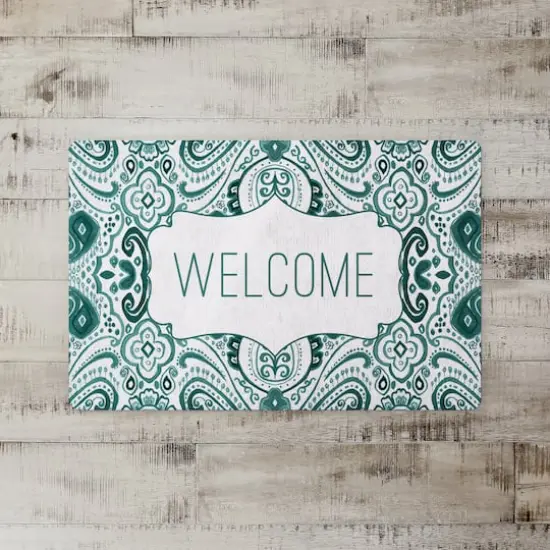 Green and White Welcome Floor Mat {3}