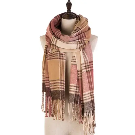 Glitzhome&reg; 77" Pink, Cream & Gray Plaid Scarf with Tassels {9}