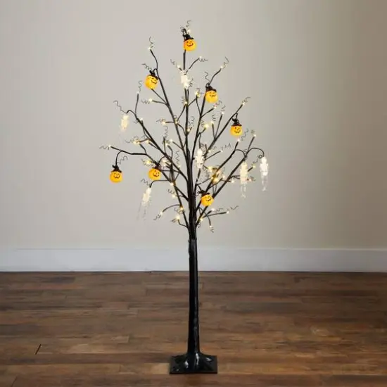 5ft. Pre-Lit Artificial Halloween Pumpkins and Skulls Ornament Tree with 72 Warm White LED Lights {10}