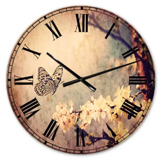 Designart Vintage Butterfly And Cherry Tree Wall Clock {1}