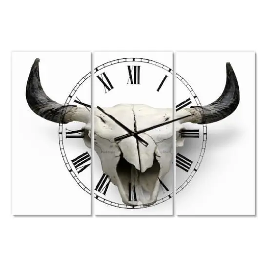 Designart White Cow Skull With Black Horns Oversized Farmhouse 3 panel Wall Clock {1}