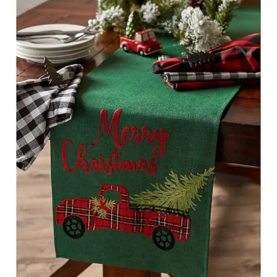 DII&reg; 70" Green Merry Christmas Truck Embroidered Table Runner {8}