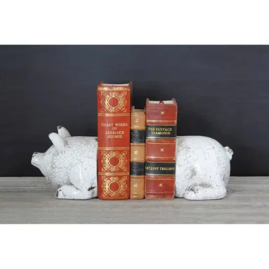 Hello Honey&reg; Distressed White Pig Terracotta Bookends Set {3}