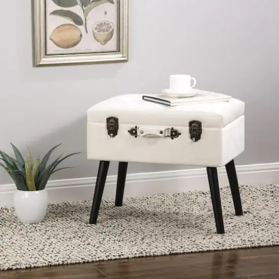 Glitzhome&reg; Velvet Upholstered Storage Stool Seashell White {3}