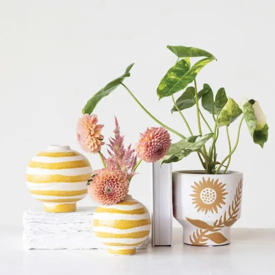 Hello Honey&reg; 5.5" White & Mustard Reactive Glaze Flower Stoneware Footed Planter {5}