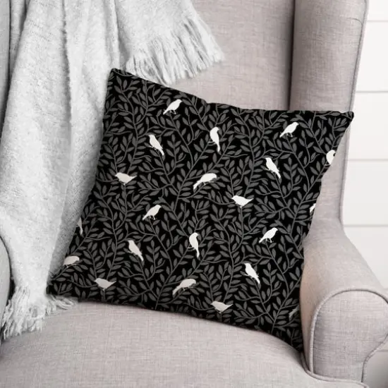 18" Birds On Leaves Indoor/Outdoor Pillow Black {3}