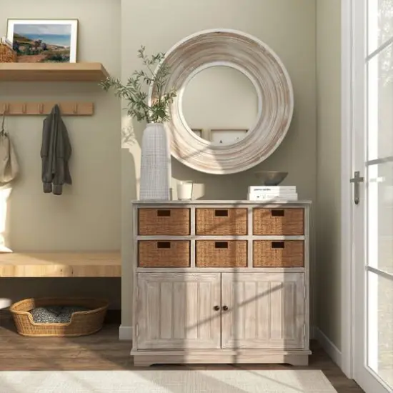 35" Cream Wooden Framed Wall Mirror with White Wash Effect {10}