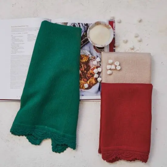 Hello Honey&reg; 28" Hand-Woven Cotton Waffle Tea Towel with Crocheted Trim Set {3}