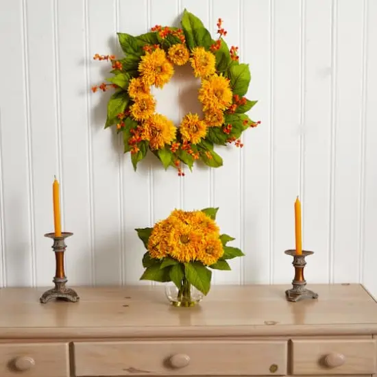 12" Golden Sunflower Arrangement in Glass Vase {3}