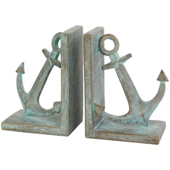 8.5" Blue Polystone Anchor Distressed Patina Bookends with Gold Foil Accents Set {6}