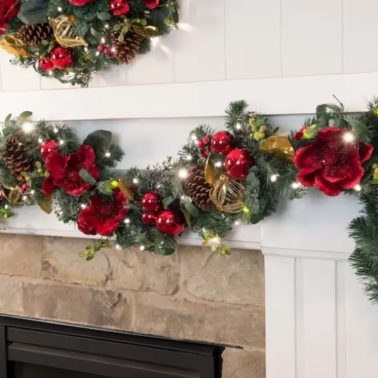 Village Lighting 9ft. Pre-Lit LED Red Magnolia Christmas Garland {4}