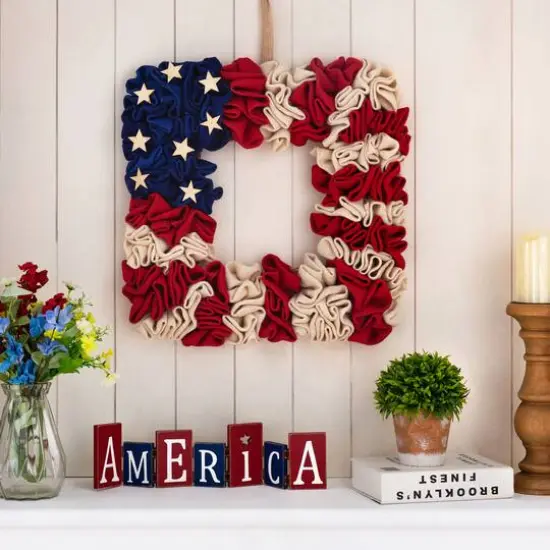 Glitzhome&reg; 19" American Flag Square Fabric Wreath {3}