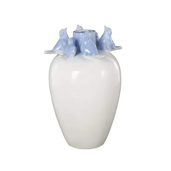 13" White Ceramic Bird Decorative Vase with Blue Accents {3}