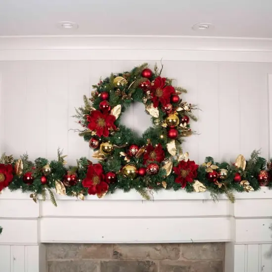 9 ft. Pre-Lit LED Golden Leaf Red Magnolia Artificial Christmas Garland {7}