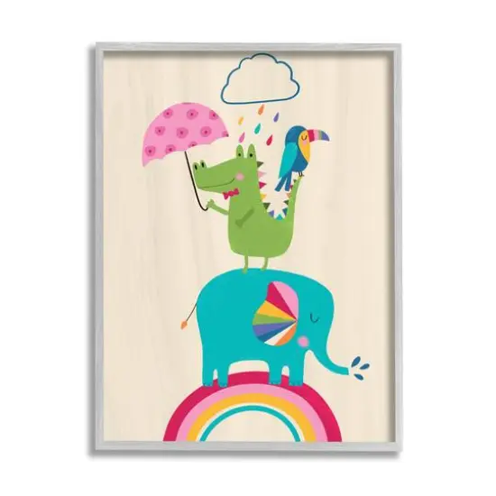 Stupell Industries Animals Standing on Rainbow Wall Art in Gray Frame {1}