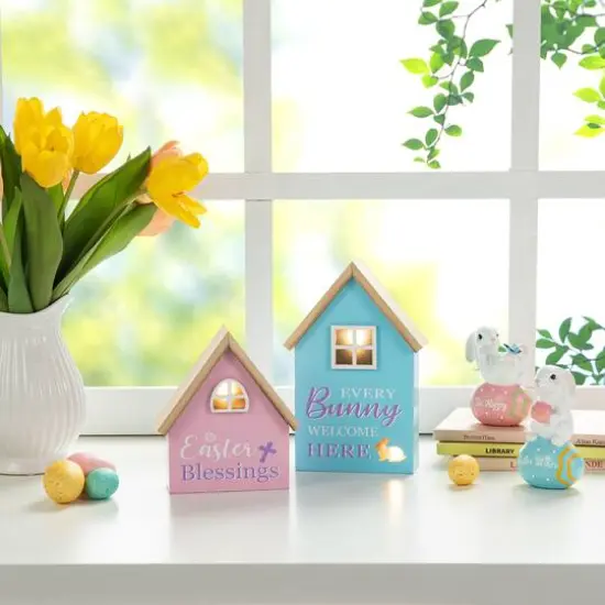 Glitzhome&reg; Lighted Easter Wooden House-Shaped Table D&eacute;cor Set {3}
