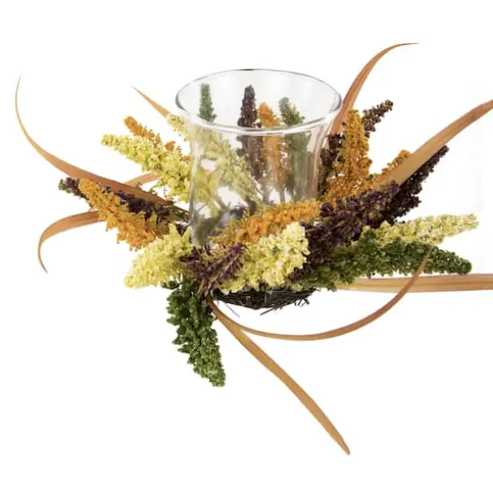 18" Autumn Harvest Pillar Candle Holder with Artificial Fall Foliage {4}