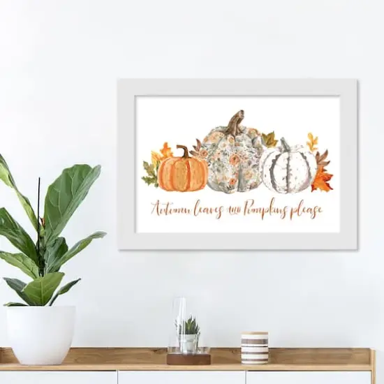 Autumn Leaves and Pumpkins Please White Framed Print Under Plexiglass {3}