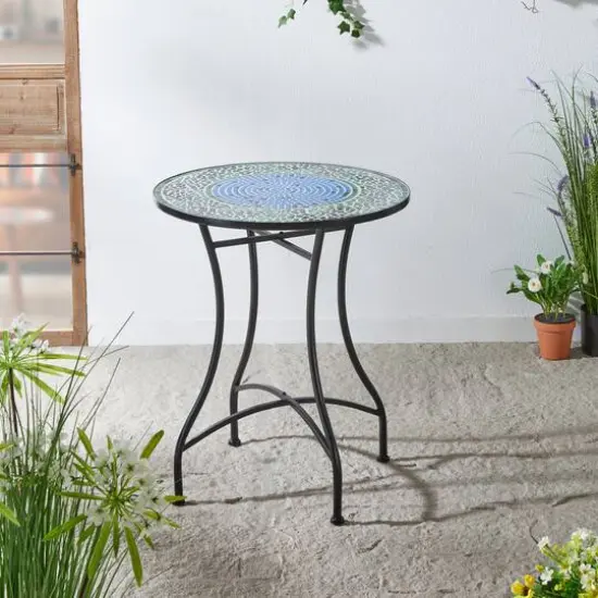 Glitzhome&reg; 28" Green Outdoor Metal Folding Bistro Table with Ceramic Tile Top {3}