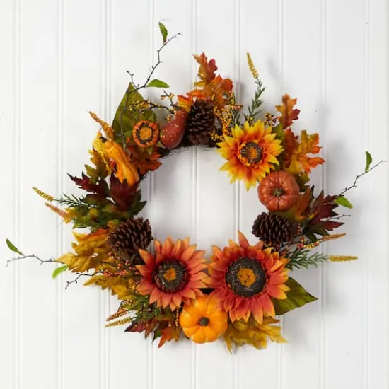 24" Sunflower, Pumpkin, Gourds, Pinecone & Berries Autumn Artificial Wreath {4}