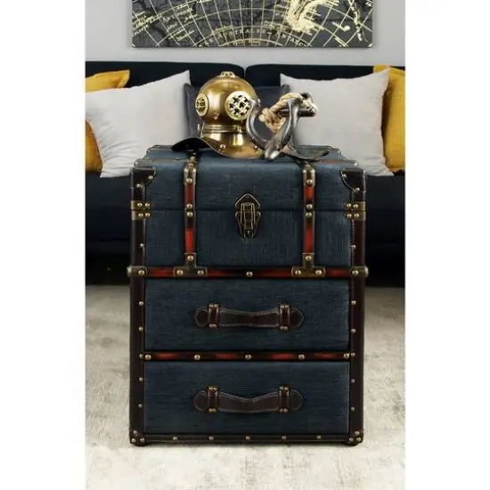 Blue Wood and Linen Traditional Accent Table, 22" x 18" x 18" {7}