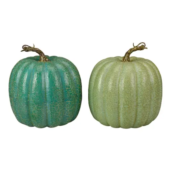 7" Green Glittered Fall Harvest Tabletop Pumpkin Set {1}