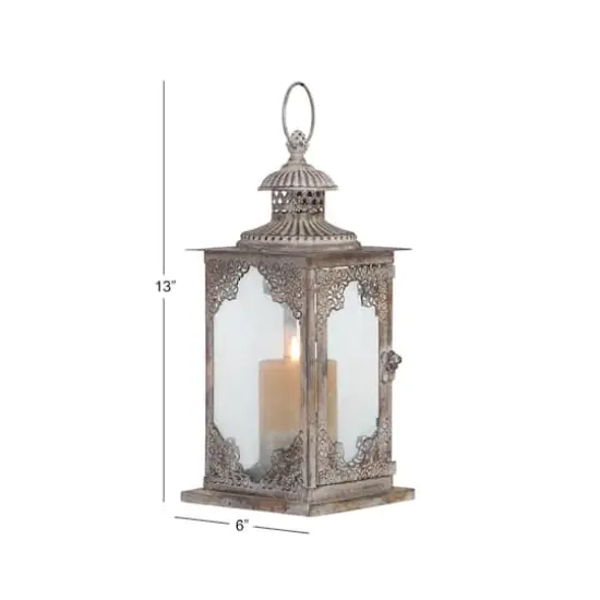 13" Gray Iron Vintage Candle Holder Lantern {7}