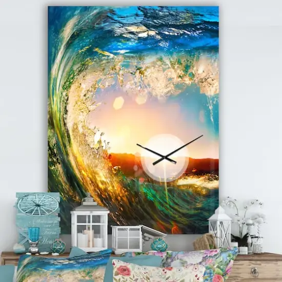 Designart 'Colored Ocean Waves Falling Down Modern Rectangular Wall Clock {3}
