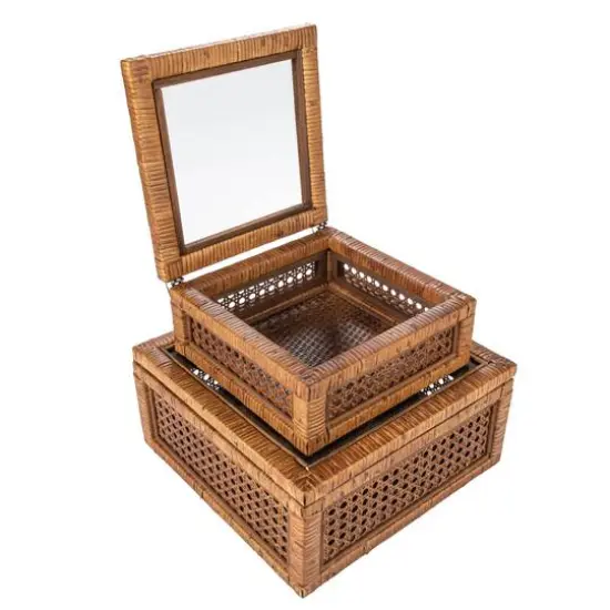 Hello Honey® Dark Brown Modern Decorative Square Woven Rattan & Wood Display Box Set with Glass Top {11}