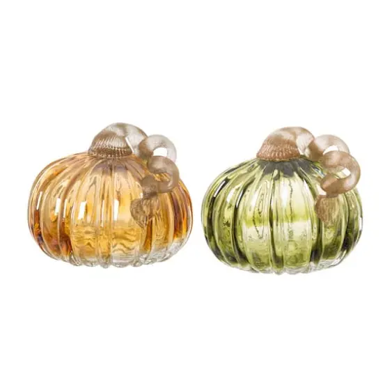Glitzhome&reg; 6" Green & Amber Crackle Glass Short Pumpkin, 2ct. {1}