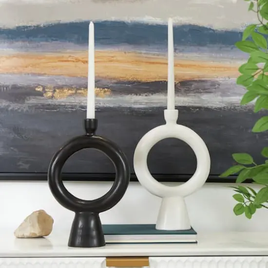 CosmoLiving by Cosmopolitan 12" Black & White Ceramic Geometric Ring Taper Candle Holder Set {3}
