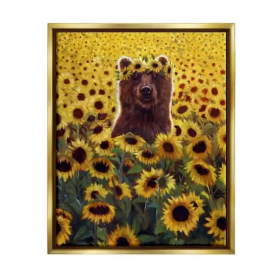 Stupell Industries Happy Bear Sunflower Field Floater Framed Art Gold {1}