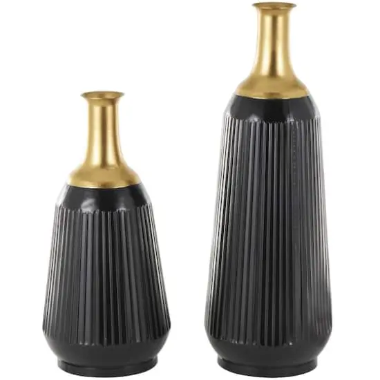 Black Metal Tall Ribbed Decorative Vase Set with Gold Tops {1}