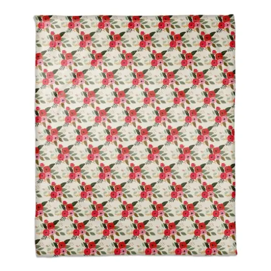 White Throw Blanket with Red Floral Pattern {3}