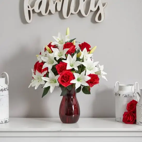 21" Red Roses & White Lilies Arrangement in Red Vase {4}