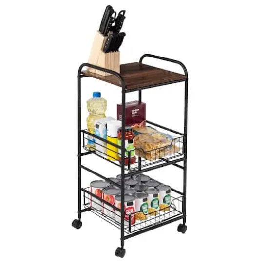 Honey Can Do Black & Natural 3-Tier Slim Rolling Cart {4}