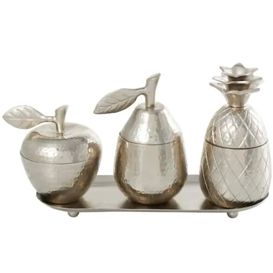 Silver Fruit Decorative Jars with Matching Leaf Tray Set {1}