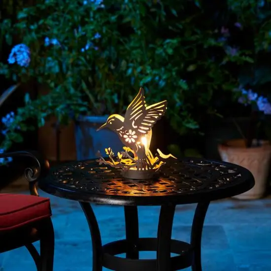 Glitzhome&reg; 9.75" Metal Flying Hummingbird Silhouette Solar Powered Edison Bulb Outdoor Lanterns, 2ct. {4}