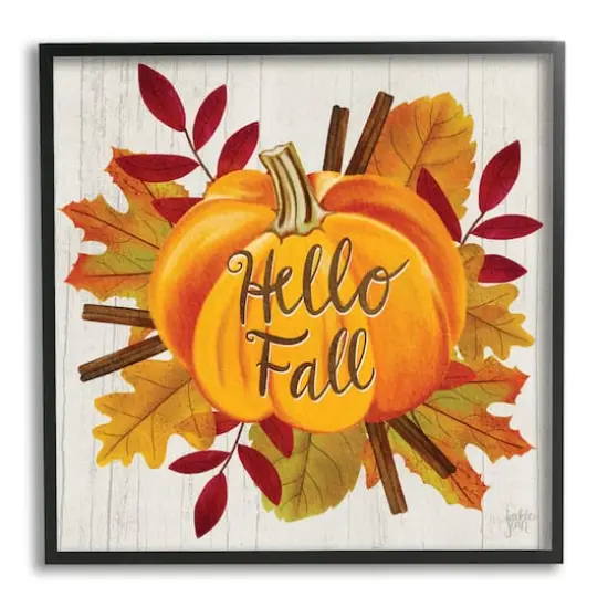 Stupell Industries Hello Fall Sentiment Orange Pumpkin Autumn Tree Leaves Black Framed Wall Art, 17" x 30" {1}
