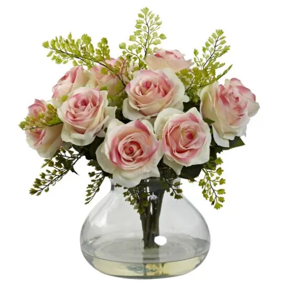 14" Light Pink Rose & Maidenhair Floral Arrangement in Vase {1}