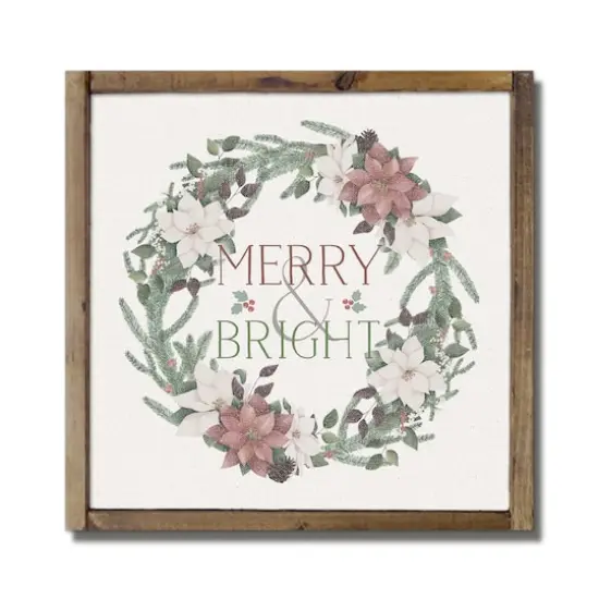 Merry & Bright Wreath Framed Wood Plaque {1}