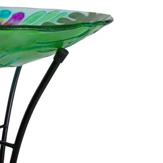18'' Colorful Dragonfly with Green Leaves Hand Painted Glass Birdbath {6}