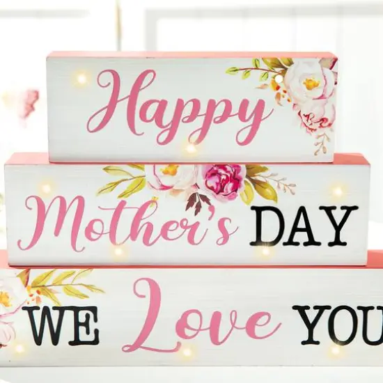 Glitzhome&reg; 12" Lighted Wood Happy Mother's Day Block Sign {5}