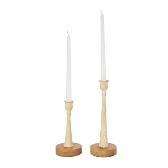 Cream Metal Textured Tapered Taper Candle Holder with Brown Wood Bases Set {4}